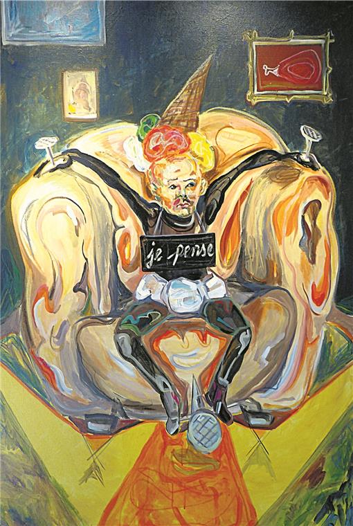 Szenen führen ins Absurde Das Werk mit dem Titel „Earseater“ stammt aus dem Jahr 2016 und ist gemalt mit Acryl, Lack und Ölkreide auf Leinwand. Fotos: P. Wolf