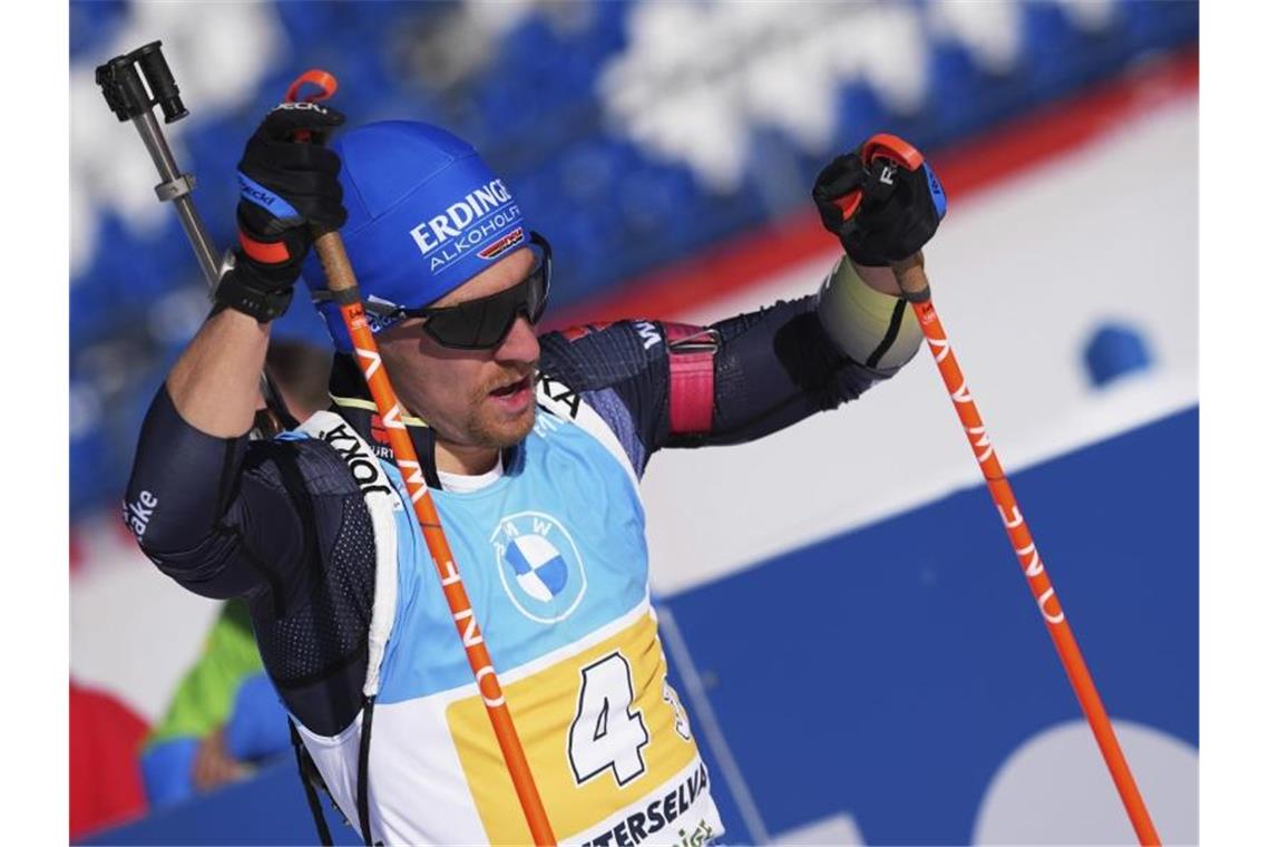 Biathlon-Staffel ohne zwei Olympia-Starter Dritter David Zobel verausgabte sich für die StaffeL „Ich bin wortwörtlich bis zum Kotzen gelaufen.“. Foto: Matthias Schrader/AP/dpa