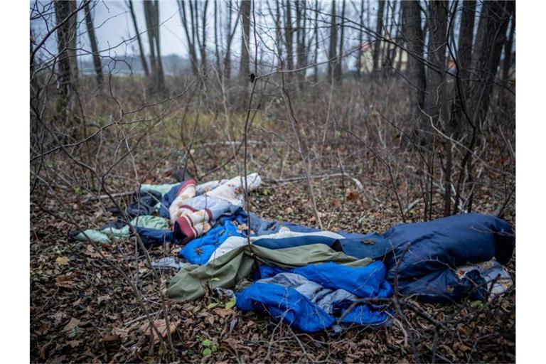 Decken und Schlafsäcke liegen im Wald an der Grenze zwischen Polen und Belarus. Foto: Michael Kappeler/dpa