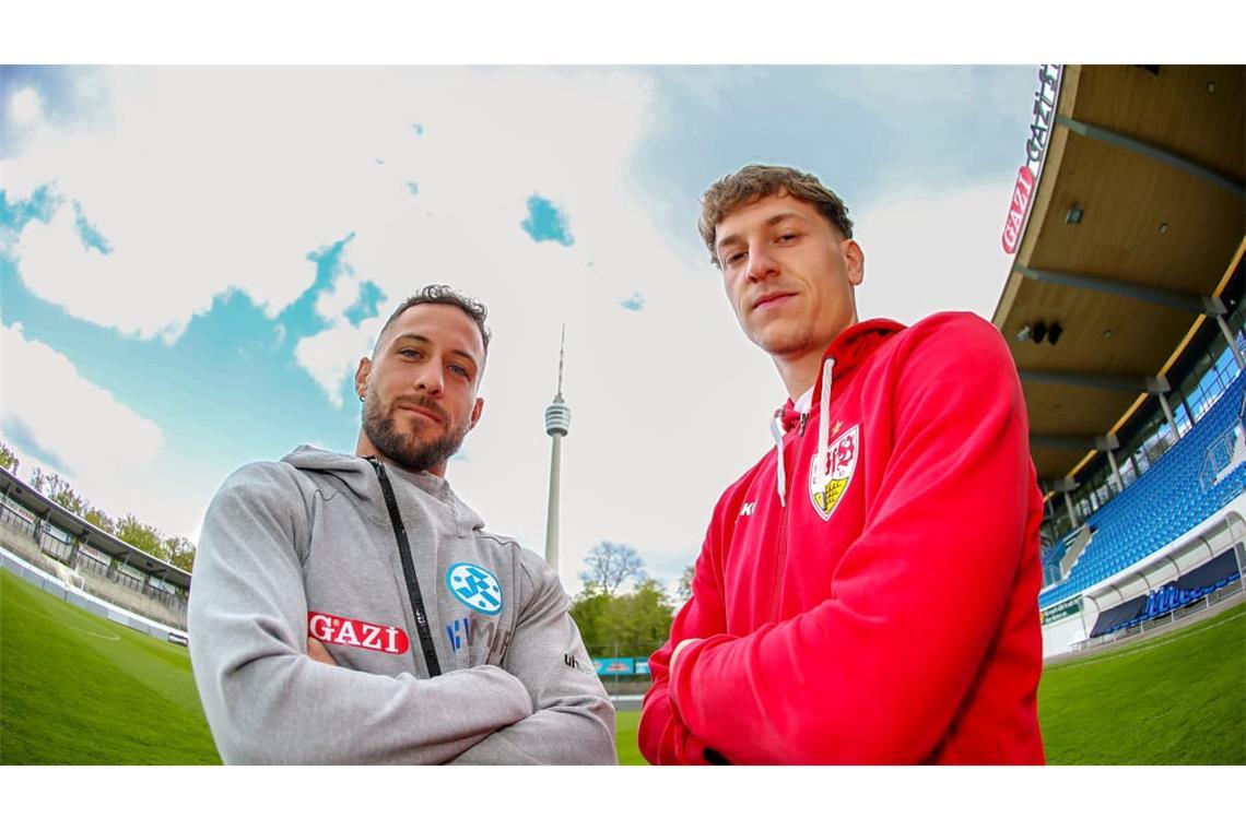 Dejan Galjen (re., bei einem Termin vor einem Stuttgarter Derby mit Kickers-Spieler Lukas Kiefer): Der Ex-VfB-II-Spieler steht aktuell bei Fortuna Köln unter Vertrag.