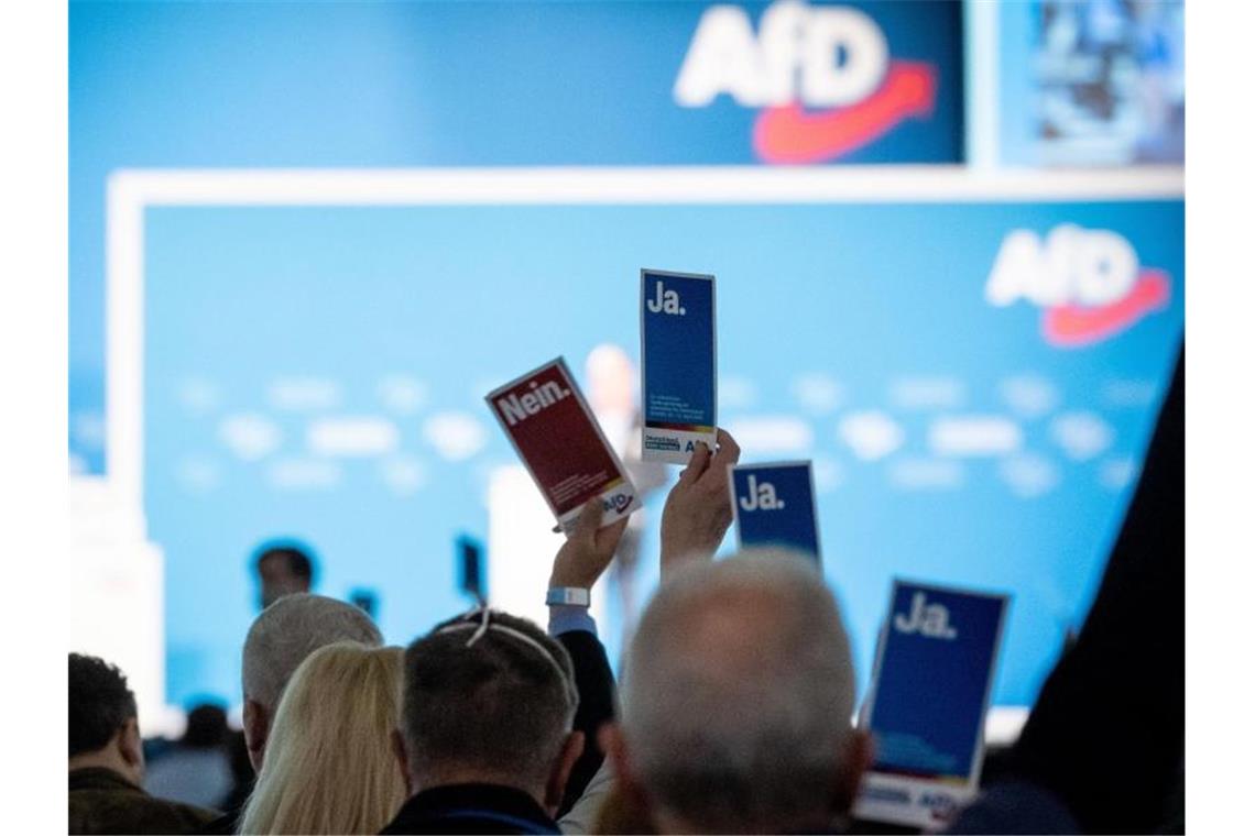 Delegierte heben in der Dresdener Messehalle beim Bundesparteitag der AfD ihre Stimmkarten. Foto: Kay Nietfeld/dpa