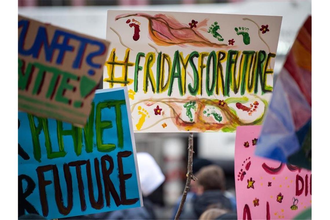 Demonstranten halten während einer Demonstration von Schülern gegen den Klimawandel Schilder in der Hand. Foto: Sebastian Gollnow/Archiv