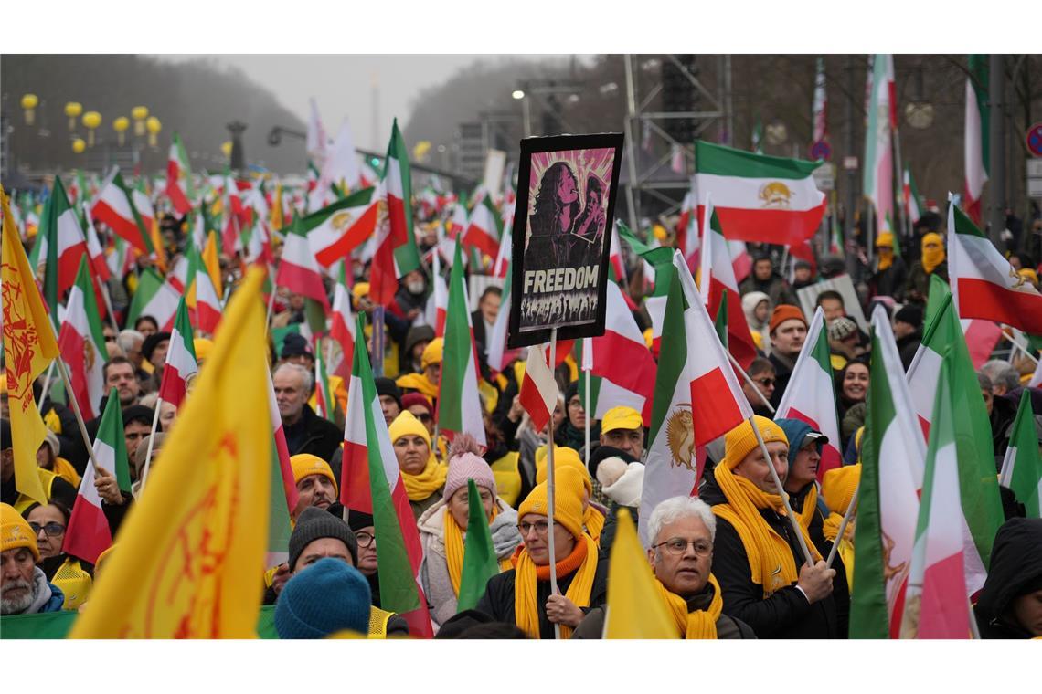Demonstranten mit Plakaten und Transparenten am Brandenburger Tor in Berlin.