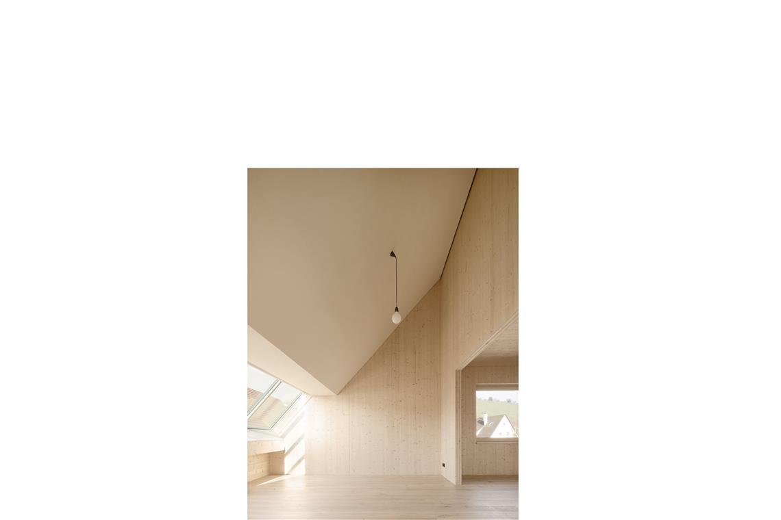 Den Architekten Florian Kaiser und Guobin Shen war wichtig, dass sich das Haus leicht verschiedenen Nutzungsanforderungen anpassen lässt. De Bau ist eine Massivholzkonstruktion: Brettsperrholz und Strohballendämmung; Stahlbetonwände und -stützen im Erdgeschoss.