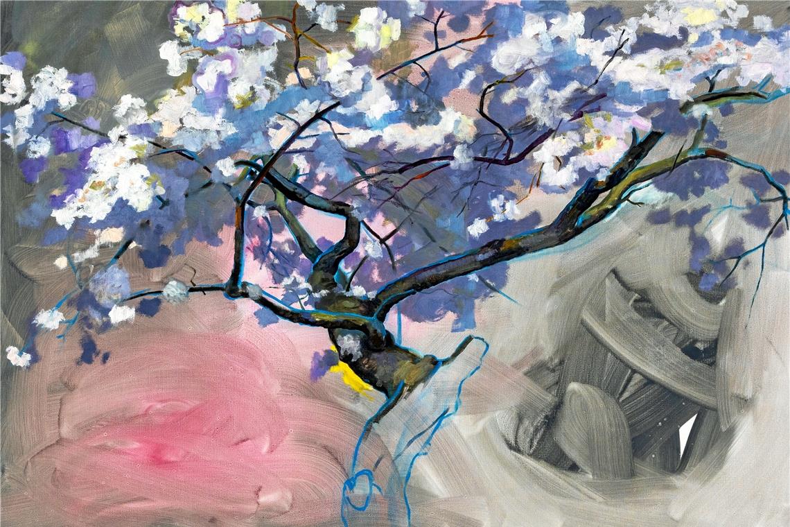 Den blühenden Kirschbaum hat Caroline von Grone 2020 gleich zweimal auf die Leinwand gebracht: Direkt neben dem Bild hängt in der Galerie seine spiegelverkehrte Version.