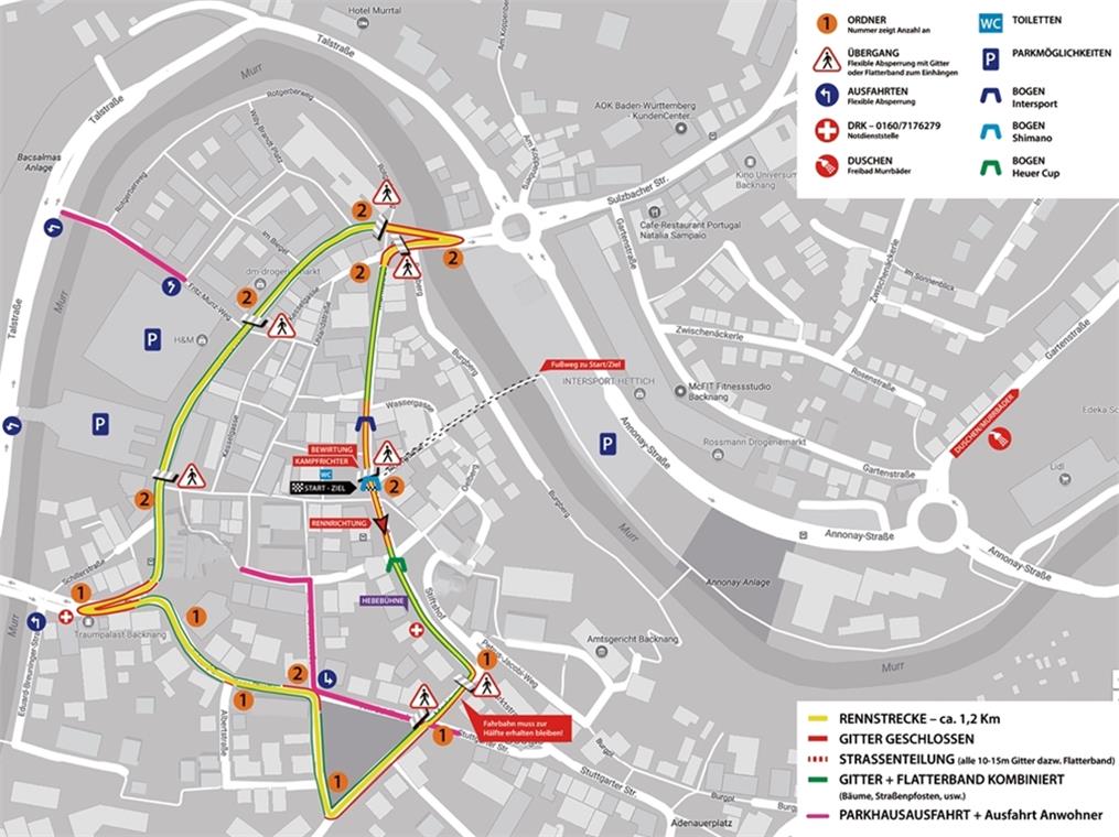 Veränderte Strecke und Starterrekord Der 1,5 Kilometer Rundkurs der zweiten Etappe des Rems-Murr-Pokals führt durch die Backnanger Innenstadt. Deshalb sind am Samstag von 13.30 bis zirka 19 Uhr unter anderem die Marktstraße, die Eduard-Breuninger-Straße und die Grabenstraße gesperrt. Grafik: Veranstalter