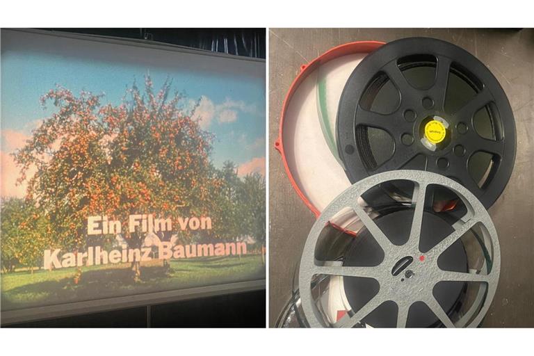 Der 16mm-Film ist aufgerollt und wird auf eine Leinwand im Park der Villa Berg projiziert.