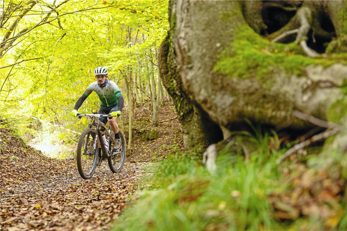 Der 18. Lautertal-Bikemarathon führt durch den Herbstwald rund um Spiegelberg un...