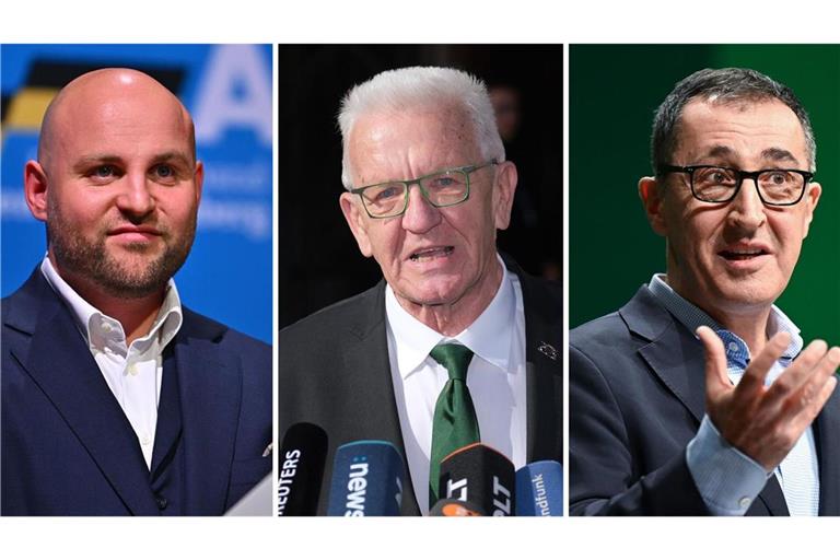 Der AfD-Landesvorsitzende Markus Frohnmaier (links) zieht mit einer angekündigten Russlandreise unter anderem den Unmut von Winfried Kretschmann (Mitte) und Cem Özdemir auf sich.