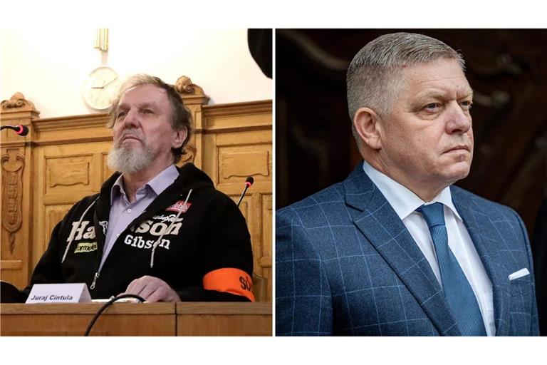 Der Angeklagte Juraj C. (l.) sitzt im Gerichtssaal des Spezialstrafgerichts. Im vergangenen Jahr verübte er ein Attentat auf den slowakischen Ministerpräsidenten Fico (Archivfoto).