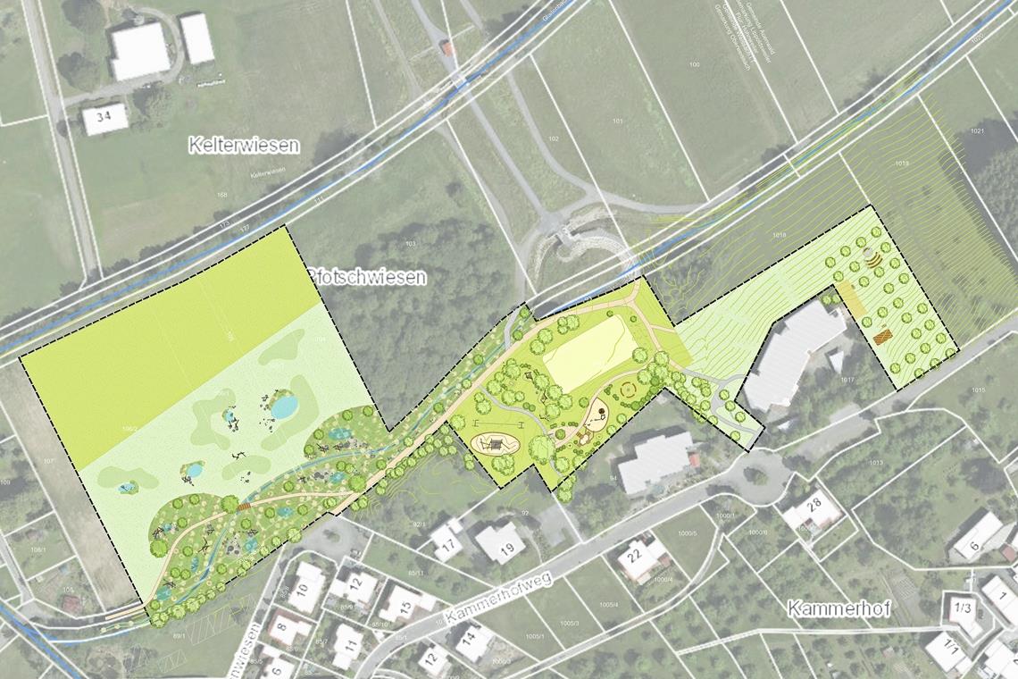 Projekt Auenpark: Begeisterung und Befürchtungen Der Auenpark soll auf einer Fläche von insgesamt rund 2,5 Hektar entstehen. Visualisierung: Roosplan