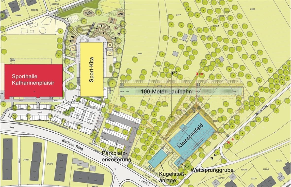 Kleinspielfeld statt Stadion Der Bau der sechsgruppigen Kindertagesstätte neben der Sporthalle ist bereits beschlossen, ob und wann auch die neuen Sportanlagen in der Plaisir gebaut werden, ist dagegen noch offen. Karte: Stadt Backnang/Bearbeitung: J. Bauer