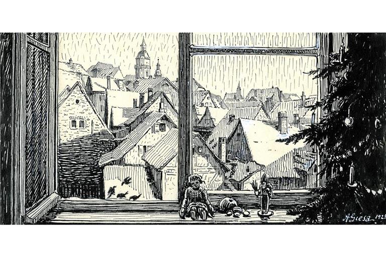 Der „Blick aus einem Fenster am Graben“ von Albert Giesa, eine Tuschfederzeichnung von 1925, erscheint Backnangern auf Anhieb vertraut. Reproduktion: Rudi Limbach