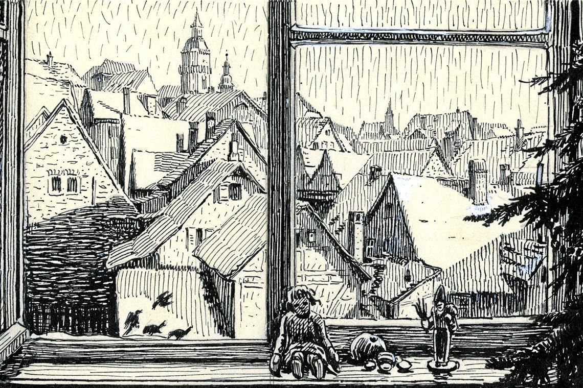 Neue Ausstellung im Helferhaus: Perspektiven auf einen heiklen Begriff Der „Blick aus einem Fenster am Graben“ von Albert Giesa, eine Tuschfederzeichnung von 1925, erscheint Backnangern auf Anhieb vertraut. Reproduktion: Rudi Limbach