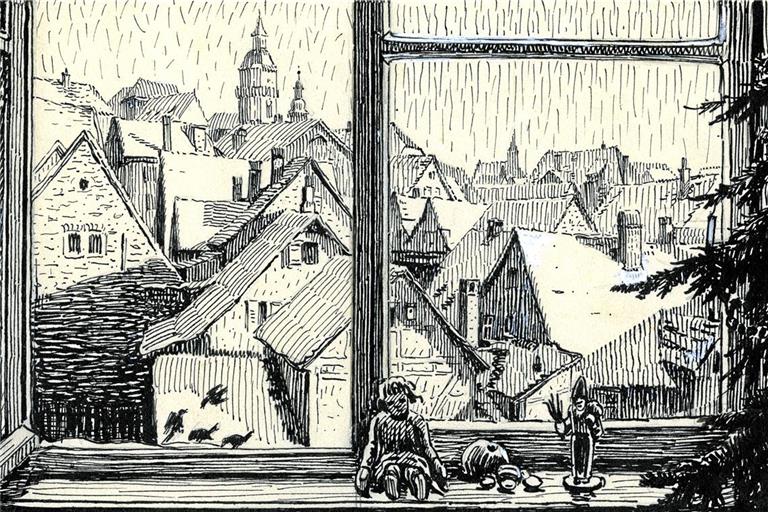 Der „Blick aus einem Fenster am Graben“ von Albert Giesa, eine Tuschfederzeichnung von 1925, erscheint Backnangern auf Anhieb vertraut. Reproduktion: Rudi Limbach