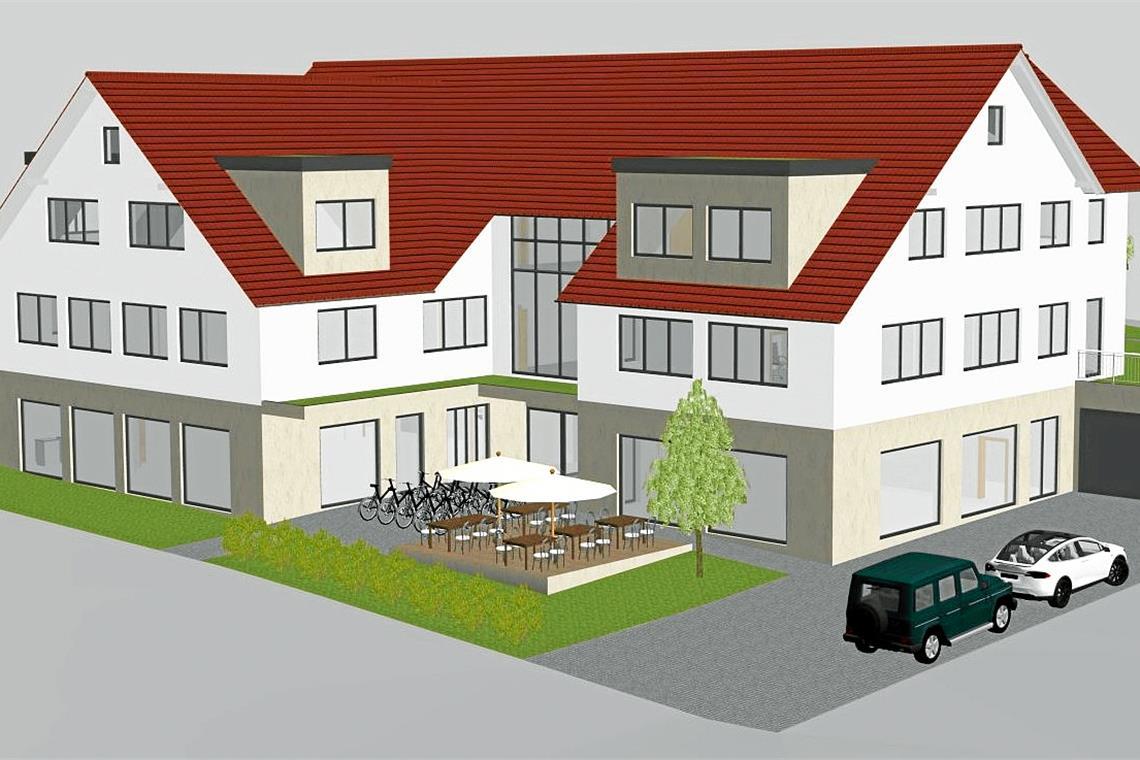 Der Blick von der B14 aus (etwa auf Höhe der Schreinerei Klink) auf das Ärztehaus. Im linken Gebäudeteil sollen Apotheke und Praxen untergebracht werden. Wo heute die Unterführung ist, ist eine Sitzgelegenheit eingezeichnet. Visualisierung: Pfeil Bauträger GmbH