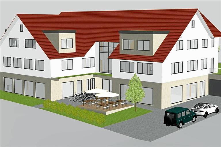 Der Blick von der B14 aus (etwa auf Höhe der Schreinerei Klink) auf das Ärztehaus. Im linken Gebäudeteil sollen Apotheke und Praxen untergebracht werden. Wo heute die Unterführung ist, ist eine Sitzgelegenheit eingezeichnet. Visualisierung: Pfeil Bauträger GmbH