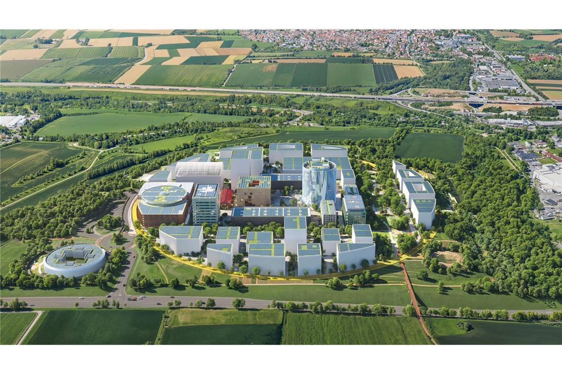 IPAI – der Campus der Zukunft Der Blick von Oben: so soll das Campus-Gelände der Zukunft einmal aussehen. Rund und umgeben von Grünflächen, das ist der Plan des IPAI.