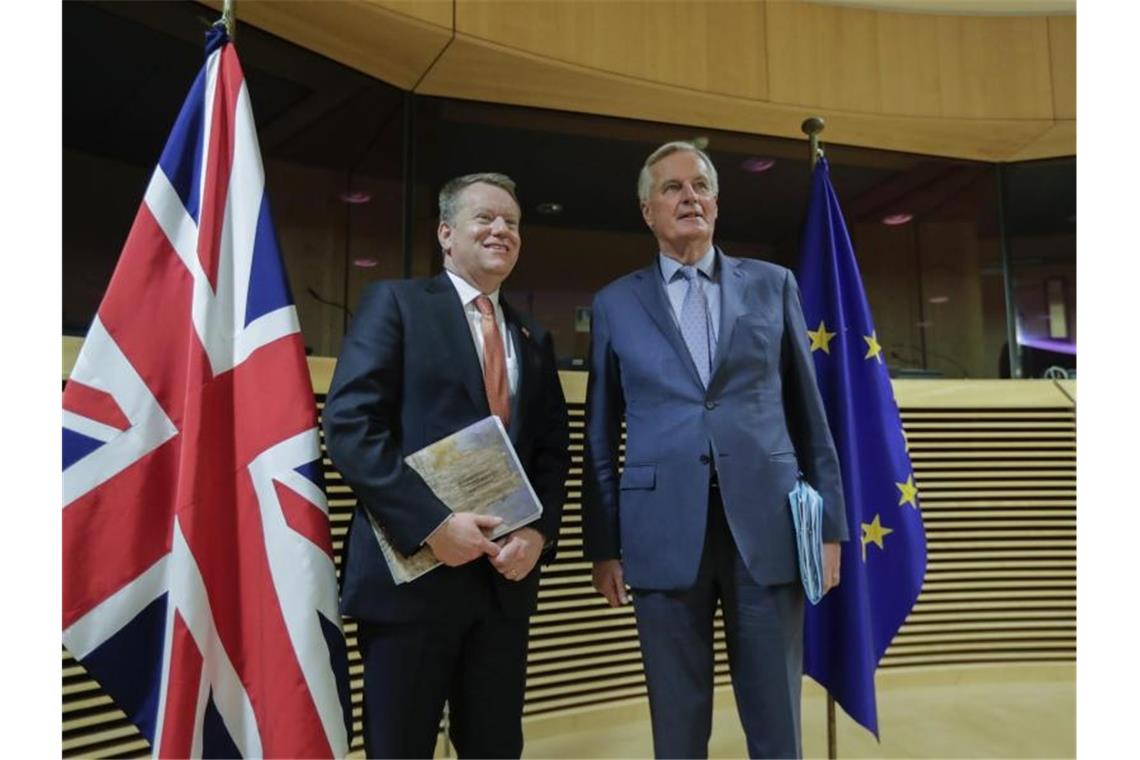 Der britische Brexit-Unterhändler David Frost (l) und EU-Chefunterhändler Michel Barnier nehmen ihre Beratungen wieder auf (Archiv). Foto: Olivier Hoslet/EPA Pool/dpa