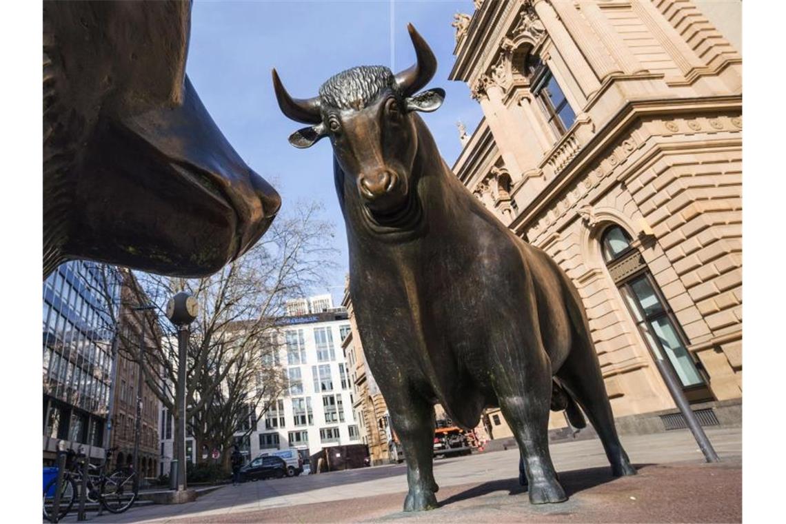 DZ Bank erwartet kräftigten Anstieg des Geldvermögens Der Bulle aus der Bronzeplastik „Bulle und Bär“ steht vor dem Gebäude der Frankfurter Wertpapierbörse. (Archivbild). Foto: Frank Rumpenhorst/dpa
