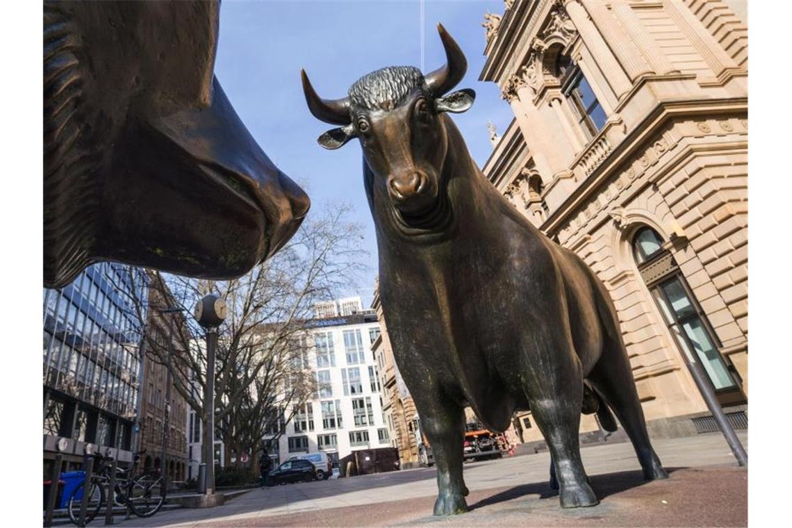 Umfrage: Junge Menschen wollen stark in Aktien investieren Der Bulle aus der Bronzeplastik „Bulle und Bär“ vor dem Gebäude der Frankfurter Wertpapierbörse. Foto: Frank Rumpenhorst/dpa