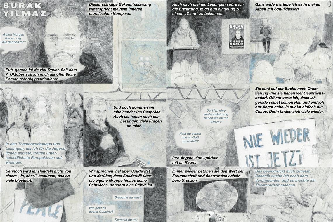 Der Comic „Burak Yilmaz“ aus der Feder der Zeichnerin Julia Kleinbeck zeichnet ein Interview mit dem Autor und Theaterpädagogen nach. Bild: Julia Kleinbeck