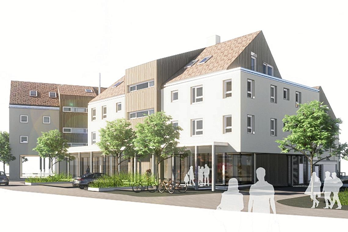 Projekt Welzheimer Straße nimmt Form an Der Entwurf sieht einen Gebäudekomplex mit Sockel im Erdgeschoss vor, der zur Welzheimer Straße hin eine Gewerbeeinheit mit Arkaden beinhaltet. Visualisierung: Stammler Architekten