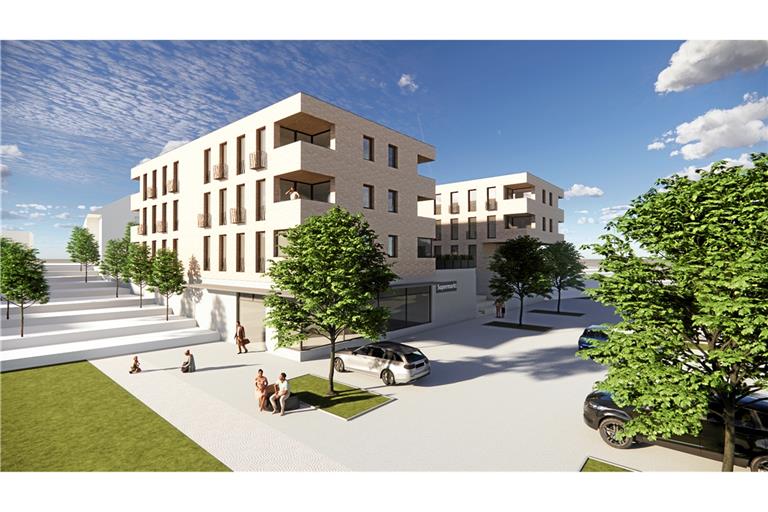 Der erste Entwurf sieht einen gemeinsamen Sockel und eine Zweiteilung in den Obergeschossen vor. Visualisierung: Architekten Küstner
