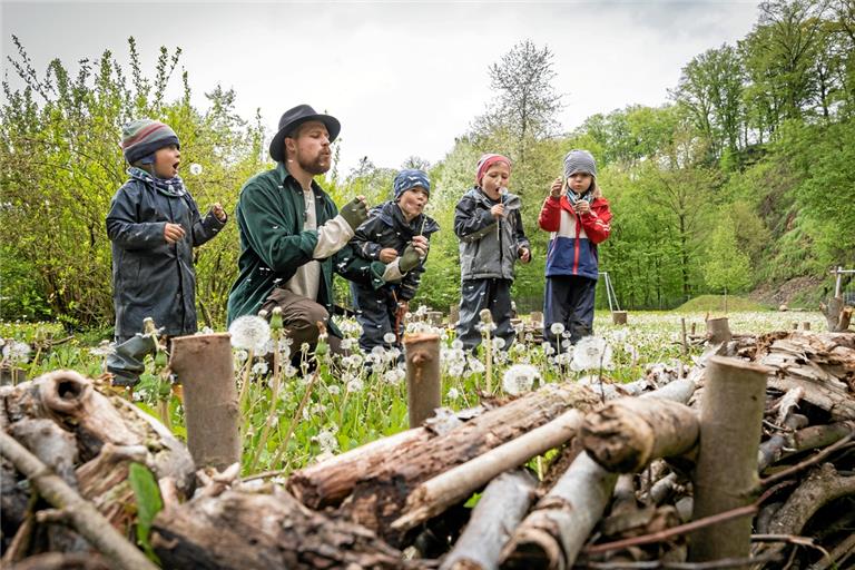 Der Erzieher Jona Hofer zeigt den Kindern die vielen Pflanzen und Tiere, wie hier die faszinierende Pusteblume. Fotos: Alexander Becher