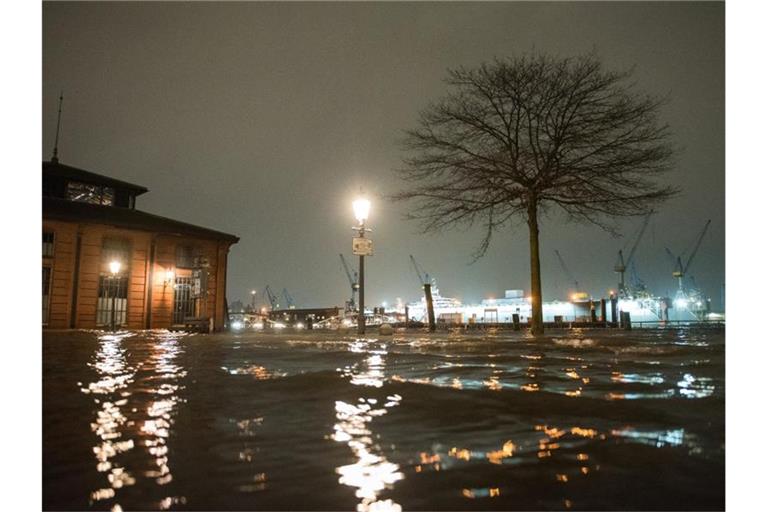 Der Fischmarkt mit der Fischauktionshalle steht erneut während des Hochwassers der Elbe unter Wasser. Foto: Daniel Bockwoldt/dpa