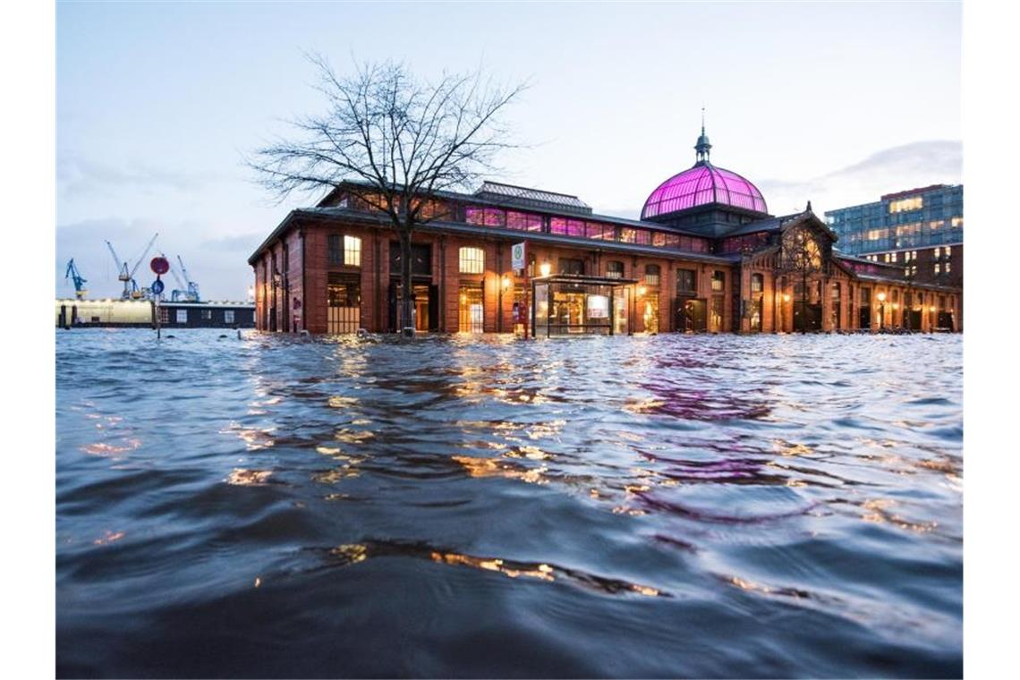 Der Fischmarkt mit der Fischauktionshalle steht unter Wasser. Foto: Daniel Bockwoldt/dpa