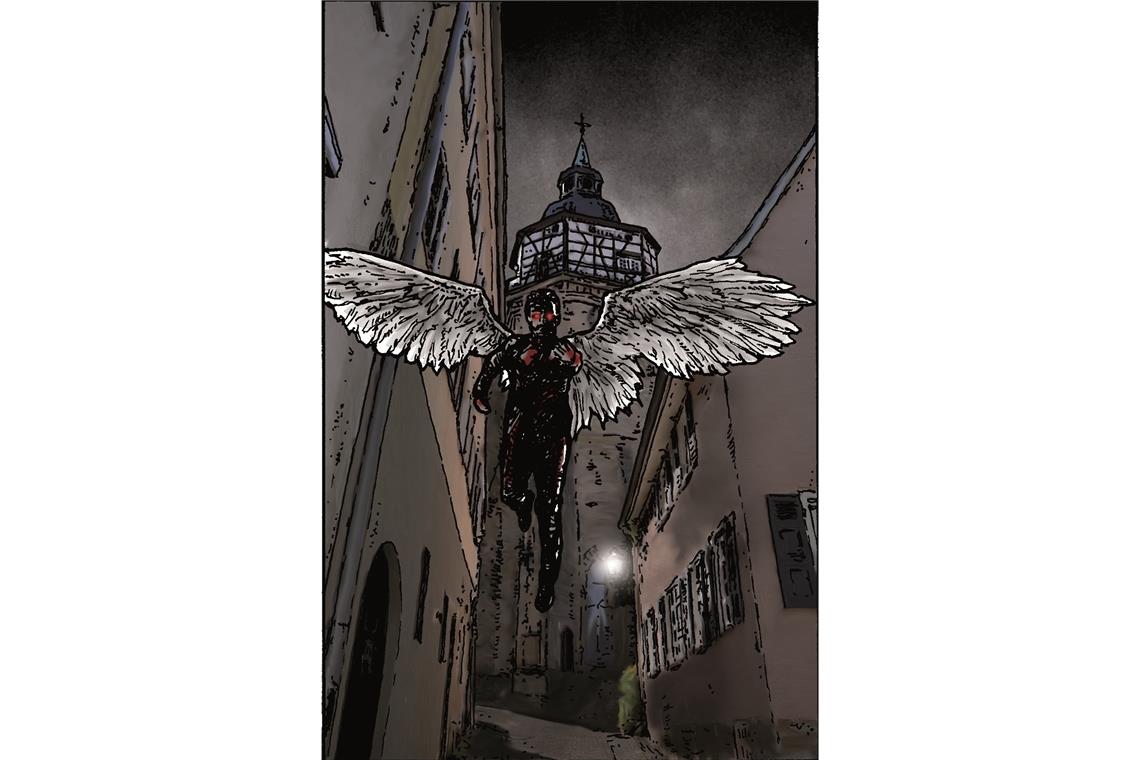 Der geflügelte Superheld schwingt sich vom Stadtturm hinab. In der Graphic Novel „Nachtwächter“ entdecken Leser aus Backnang viele bekannte Orte. Foto: Leseratten-Verlag
