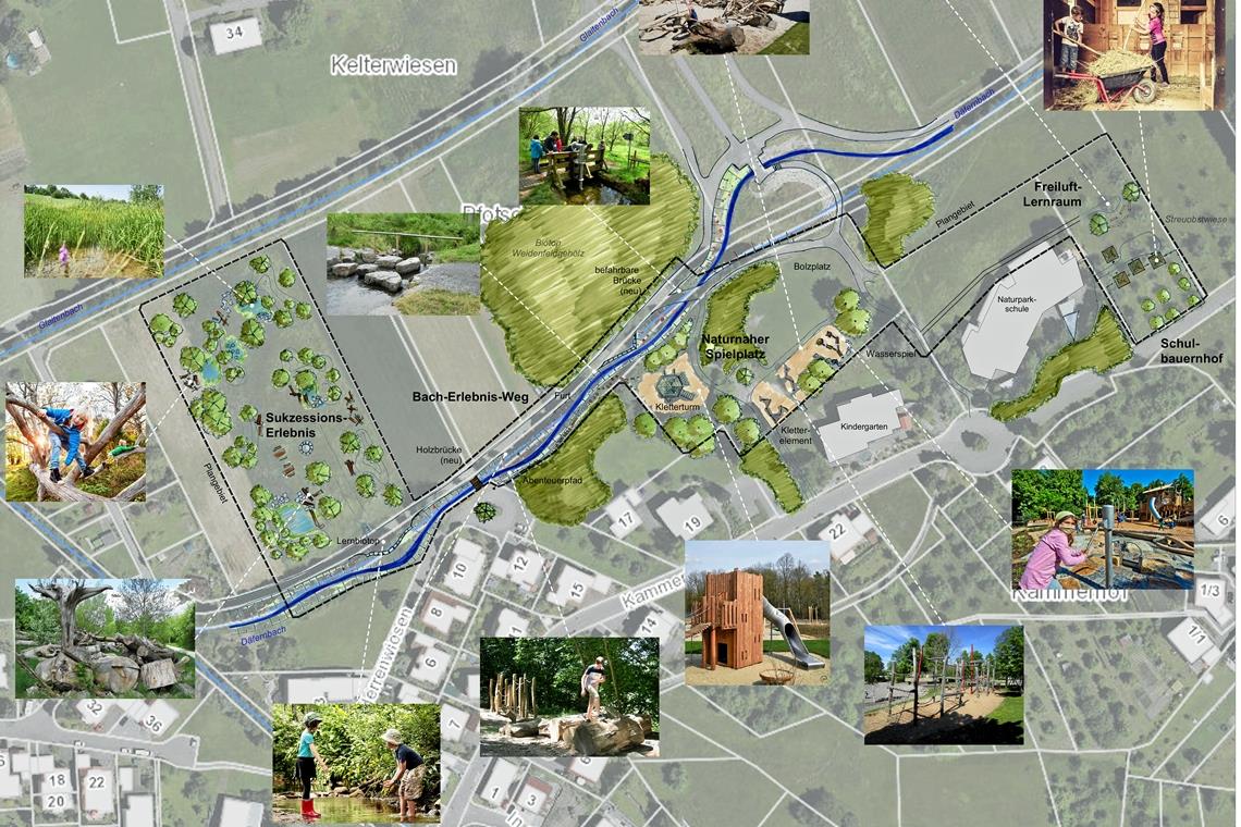 Der geplante „Auenpark“ geht über den reinen Spielplatz hinaus. Angedacht sind Erlebniswege und Freiluft-Lernräume. Visualisierung: Roosplan