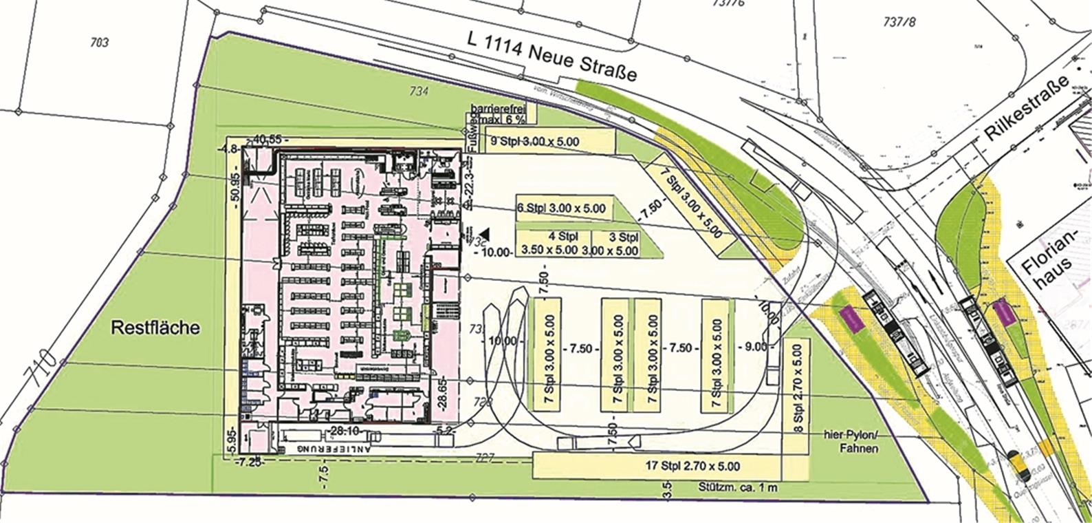 Der geplante Rewe-Markt gegenüber dem Florian-Haus Burgstall (rechts im Plan) wird frühestens im Jahr 2020 in Betrieb gehen können. Plan: Bauunternehmung Böpple