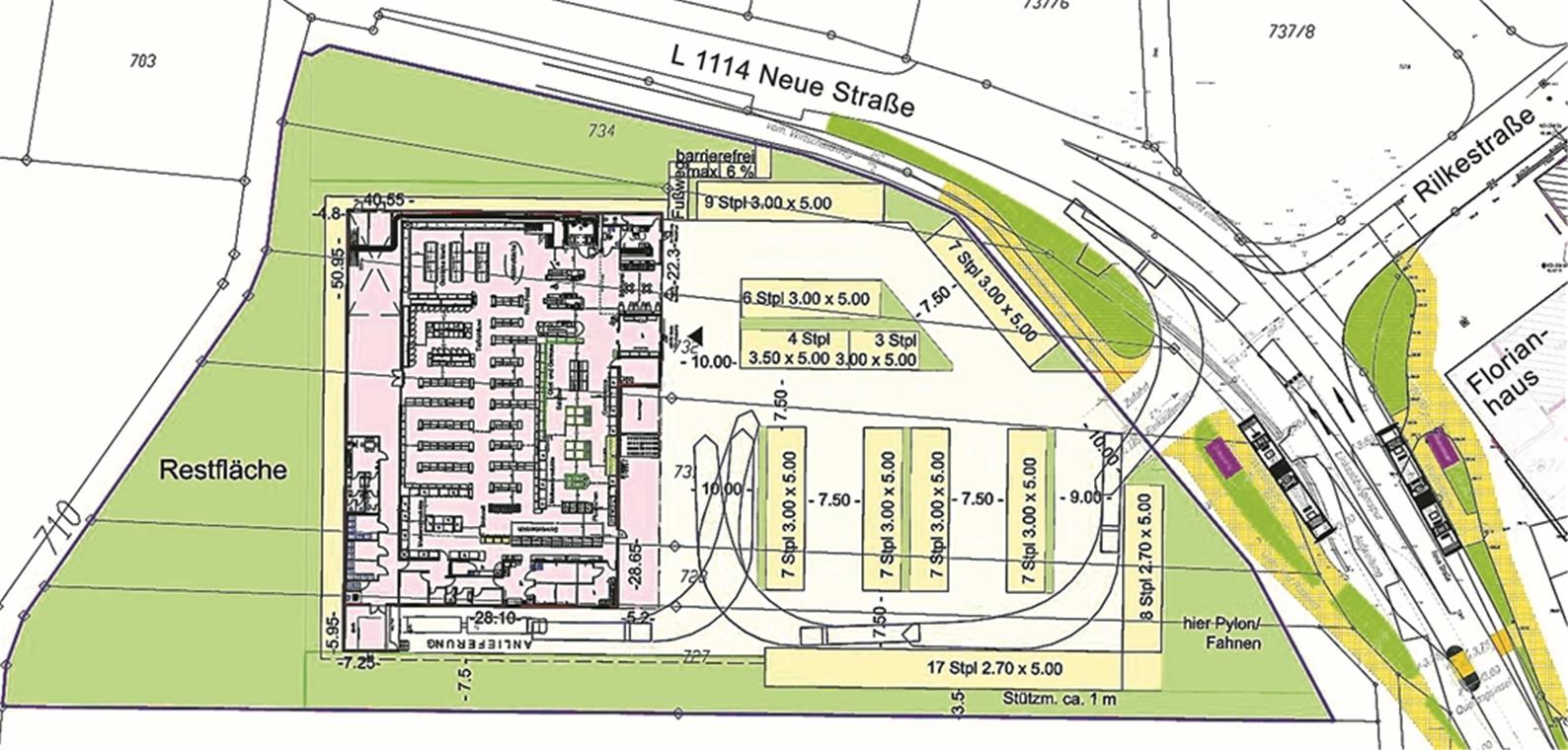 Zentrale Versorgung mit Lebensmitteln Der geplante Rewe-Markt gegenüber dem Florian-Haus Burgstall (rechts im Plan) wird frühestens im Jahr 2020 in Betrieb gehen können. Plan: Bauunternehmung Böpple