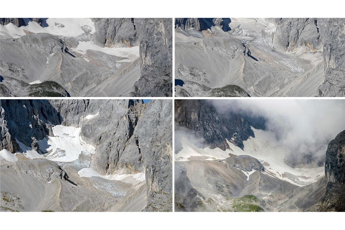 Fotos zeigen, wie der Klimawandel Deutschland verändert Der Höllentalferner in den Jahren 2021 bis 2024 (von links nach rechts in zwei Zeilen).