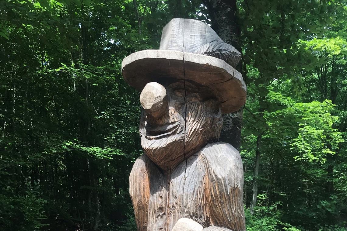 Der Holz-Hardy begrüßt die Wald-Abenteurer.