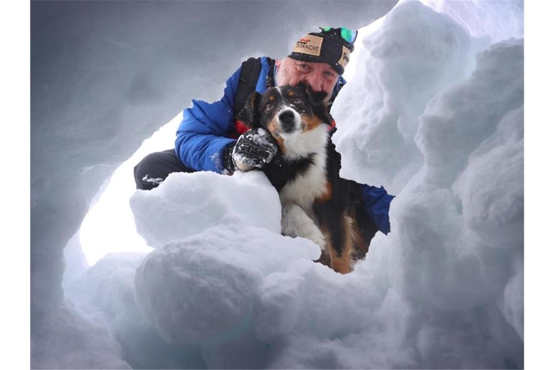 Lawinenhunde üben die Rettung aus meterhohem Schnee Der Hundeführer Dörg Stephan sucht mit seiner Lawinensuchhündin Amira nach einem Verschütteten. Foto: Karl-Josef Hildenbrand/dpa