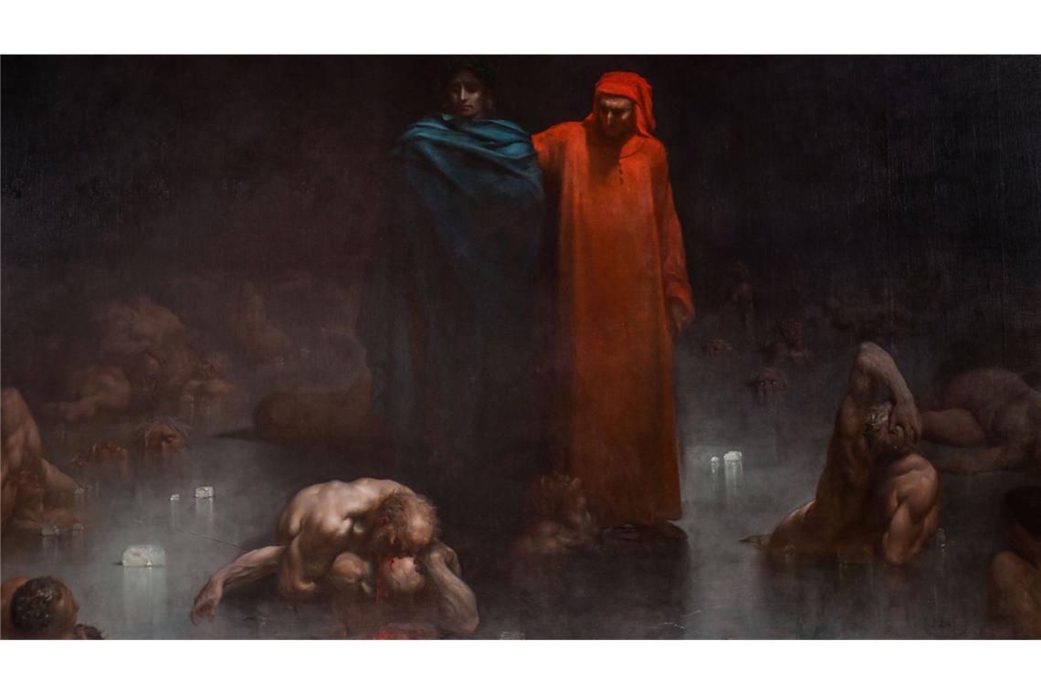 Der italienische Dichter Dante Alighieri und der antike römische Dichter Vergil betreten den neunten Kreis der Hölle (Gemälde des französischen Malers und Grafikers Gustav Doré, 1832-1883, von 1861.
