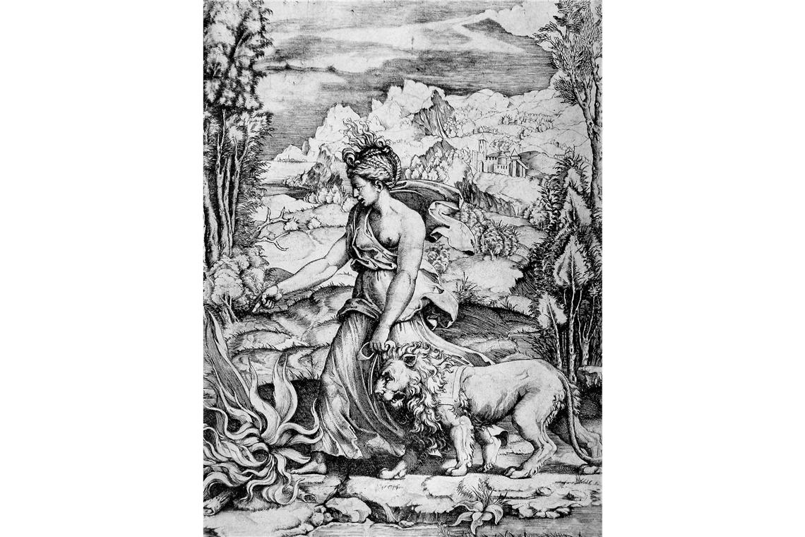 Der Kupferstich „Die Stärke“ von Marco Dente, genannt Marco da Ravenna, um 1520 ist eines der Ausstellungsstücke in „Tierisch! Begleitend“ im Riecker-Raum im Helferhaus. Foto: P. Wolf