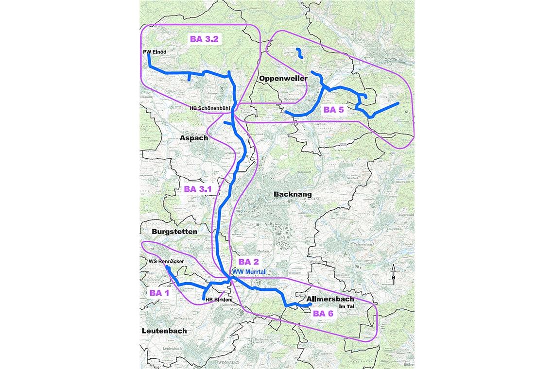Langes Graben für besseres Wasser Der Leitungsbau erfolgt in insgesamt sechs Bauabschnitten (BA1 bis BA6). Karte: NOW