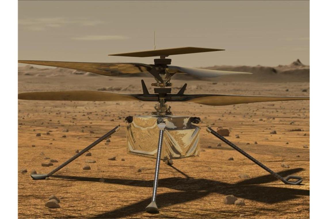 Erstflug von Hubschrauber „Ingenuity“ über Mars verschoben Der Mini-Hubschrauber „Ingenuity“ auf der Marsoberfläche Mars. Foto: Jpl-Caltech/ZUMA Wire/dpa