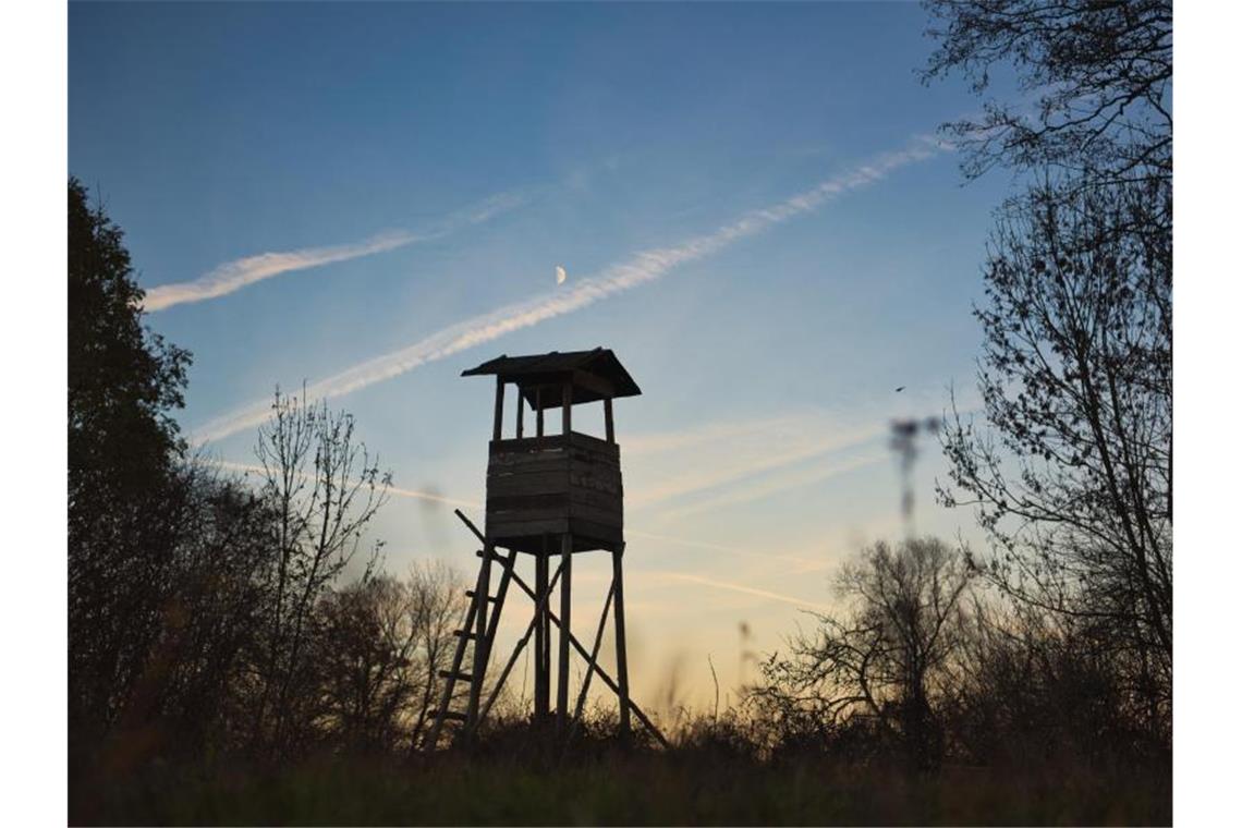 Neun Hochsitze im Neckar-Odenwald-Kreis beschädigt Der Mond steht über einem Hochsitz. Foto: Nicolas Armer/dpa/Symbolbild