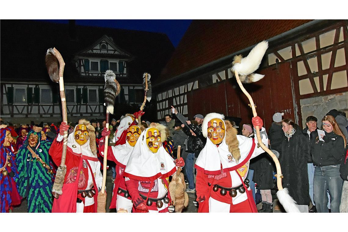 Der Narrenbund aus Neuhausen zieht durch die Unterbrüderner Hauptstraße. Nachtum...