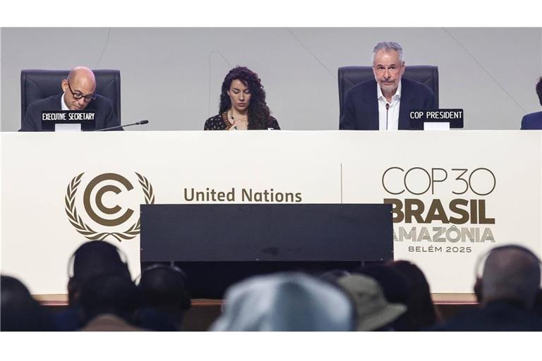 Der Präsident der COP 30, Andre Aranha Correa do Lago (re.), schaut eher skeptisch auf das vielköpfige und vielstimmige Plenum der Klimakonferenz im brasilianischen Belém.