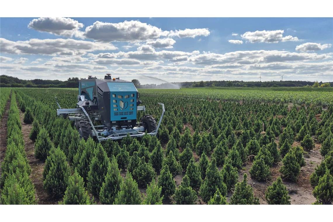 Der Roboter jätet Unkraut zwischen den Bäumchen – preiswürdig.