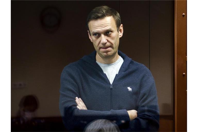 Der russische Oppositionspolitiker Alexej Nawalny während einer Anhörung vor dem Bezirksgericht Babuskinsky in Moskau. Foto: -/Babuskinsky District Court/AP/dpa