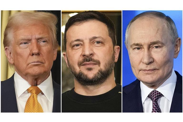 Der russische Präsident Wladimir Putin (rechts) ist offenbar zu Gesprächen mit der Ukraine um Präsident Wolodymyr Selenskyj (Mitte) bereit. US-Präsident Donald Trump (links) hatte zuvor seinen Sonderbeauftragten Steve Witkoff zum vierten Mal zu Gesprächen nach Russland geschickt.