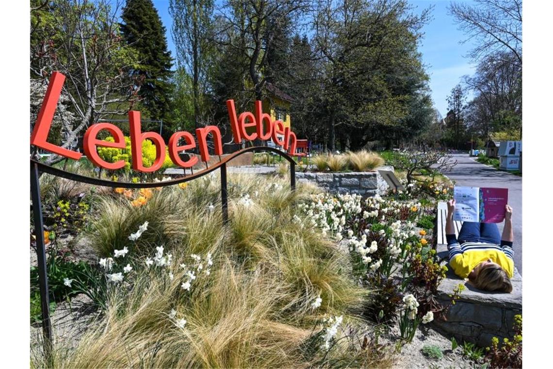 Der Schriftzug „Leben leben“ ist über einem Blumenbeet der landesgartenschau angebracht. Foto: Felix Kästle/dpa