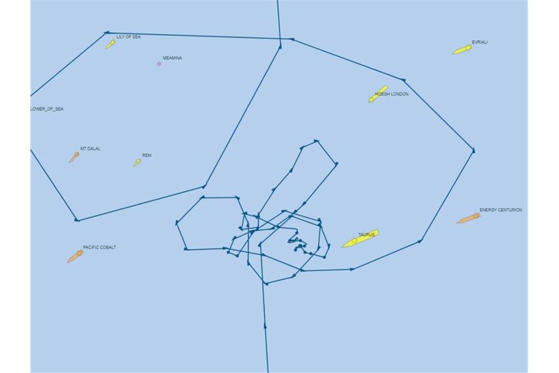 Unternehmen fürchten Folgen eines längeren Suezkanal-Staus Der Screenshot der Videosimulation des Schiffsradars Vesselfinder.com zeigt, wie die „Ever Given“ beim Warten vor dem Kanal ihre Kreise zog. Foto: VesselFinder/dpa
